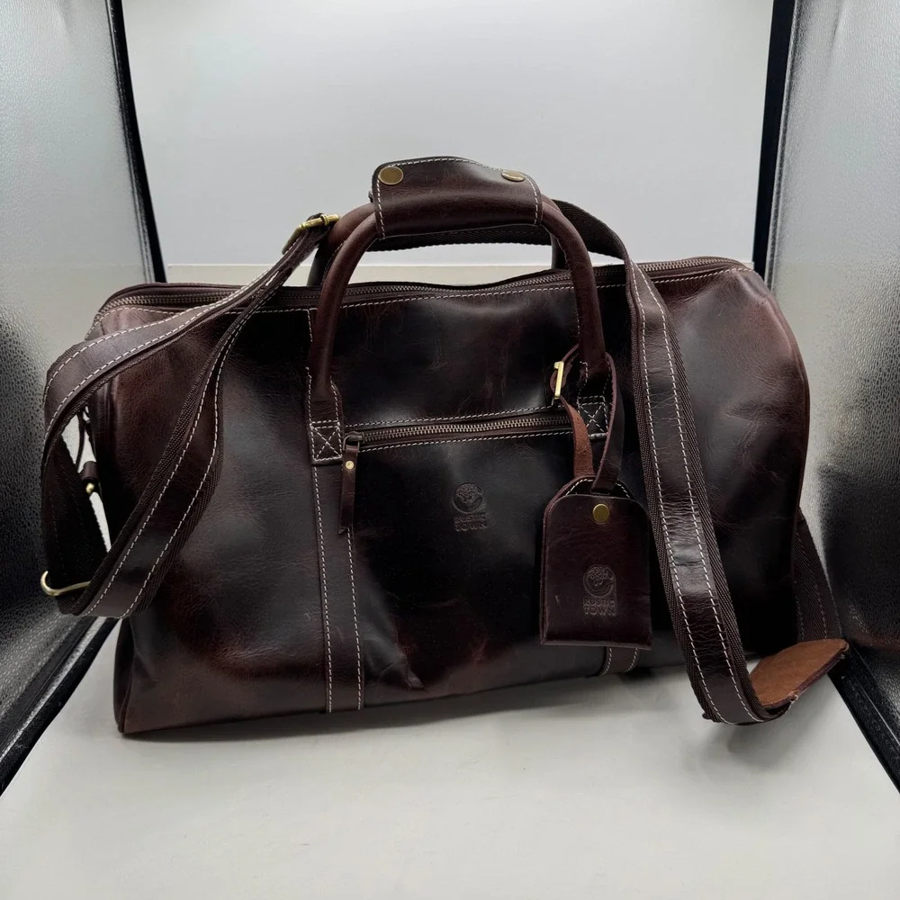 Rustic Town Leather Duffel Bag Dark Brown Weekender Travel Carry On Luggage Tag